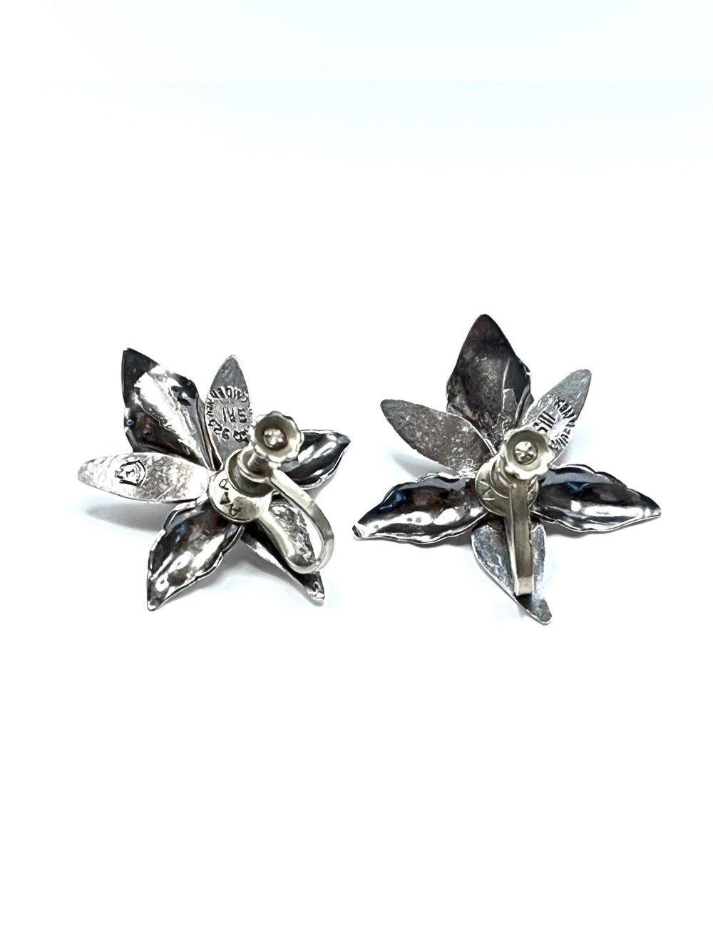 Vintage Taxco Sterling Silver Cymbidium Orchid Earrings Mexico Eagle 3 - Picture 5 of 8